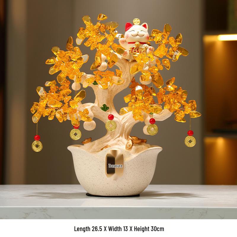 Crystal Money Tree Ornament: Lucky Cat Treasure Bowl for Living Room, Office, Shop, or TV Cabinet Decoration