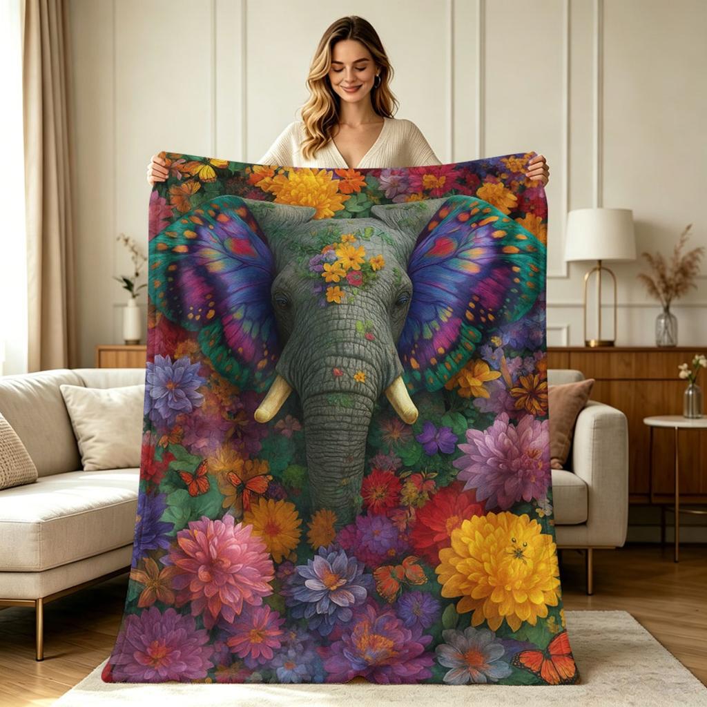 All Season Flannel Blanket with Elephant Butterfly Floral Garden Print Soft Warm Cozy Throw Blanket for Sofa Couch Bedroom Living Room Office Home Dec