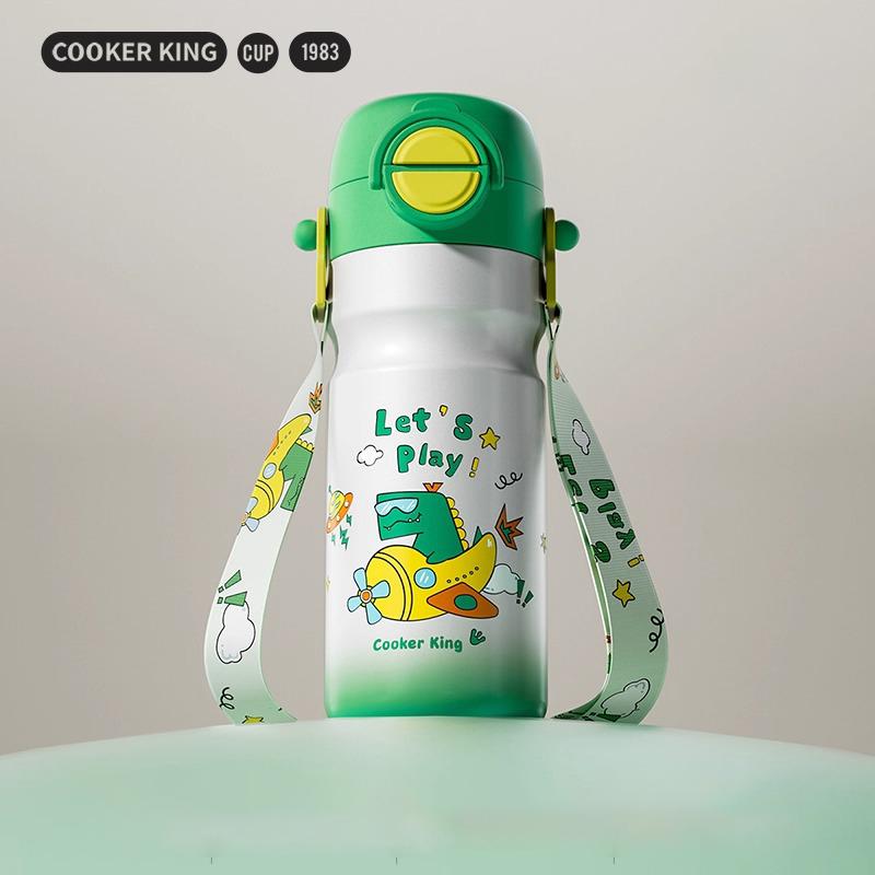 COOKER KING Cartoon Thermos Cup for Kids Stainless Steel Straw Cup with Strap Portable Double Drinking Water Bottle for Children