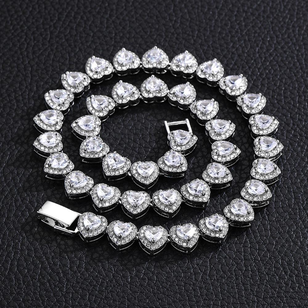 Zinc Zinc Zinc Alloy Heart-shaped Rhinestone Necklace Shiny Tennis Chain Choker  Gift