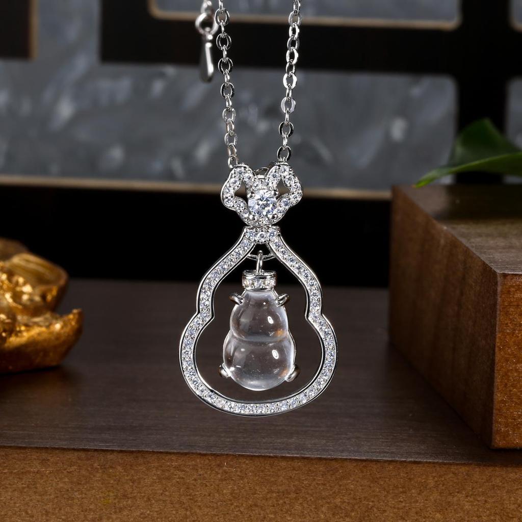 Burmese Blue Water Jade Gourd Pendant Necklace with S925 Silver - Chinese Style for Women