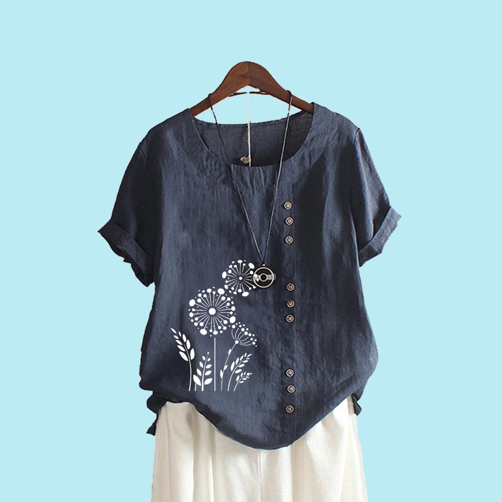 Floral Print Blouses for Women Summer Fashion Short Sleeve T-shirt Ladies Casua Round Collar Loose Plus Size Shirt