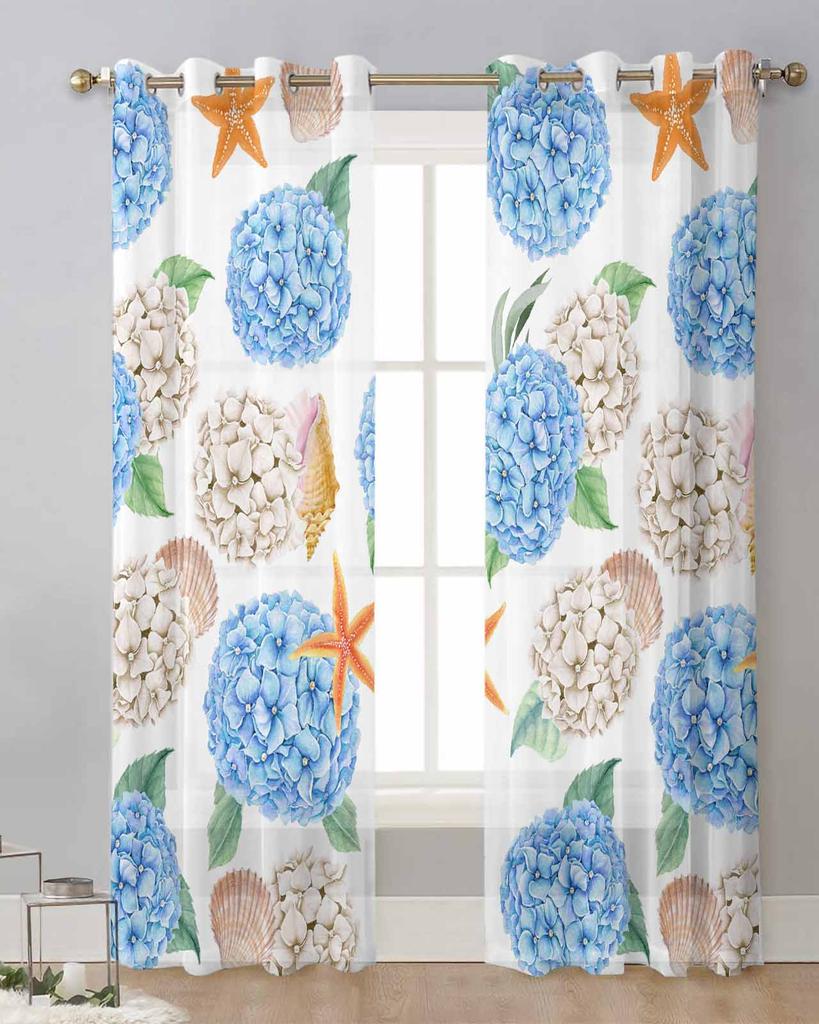 Aquarell Hortensie Seestern Muscheln Transparente Vorhänge für Wohnzimmerdeko Fenstervorhänge Küche Tüll Voile Vorhänge