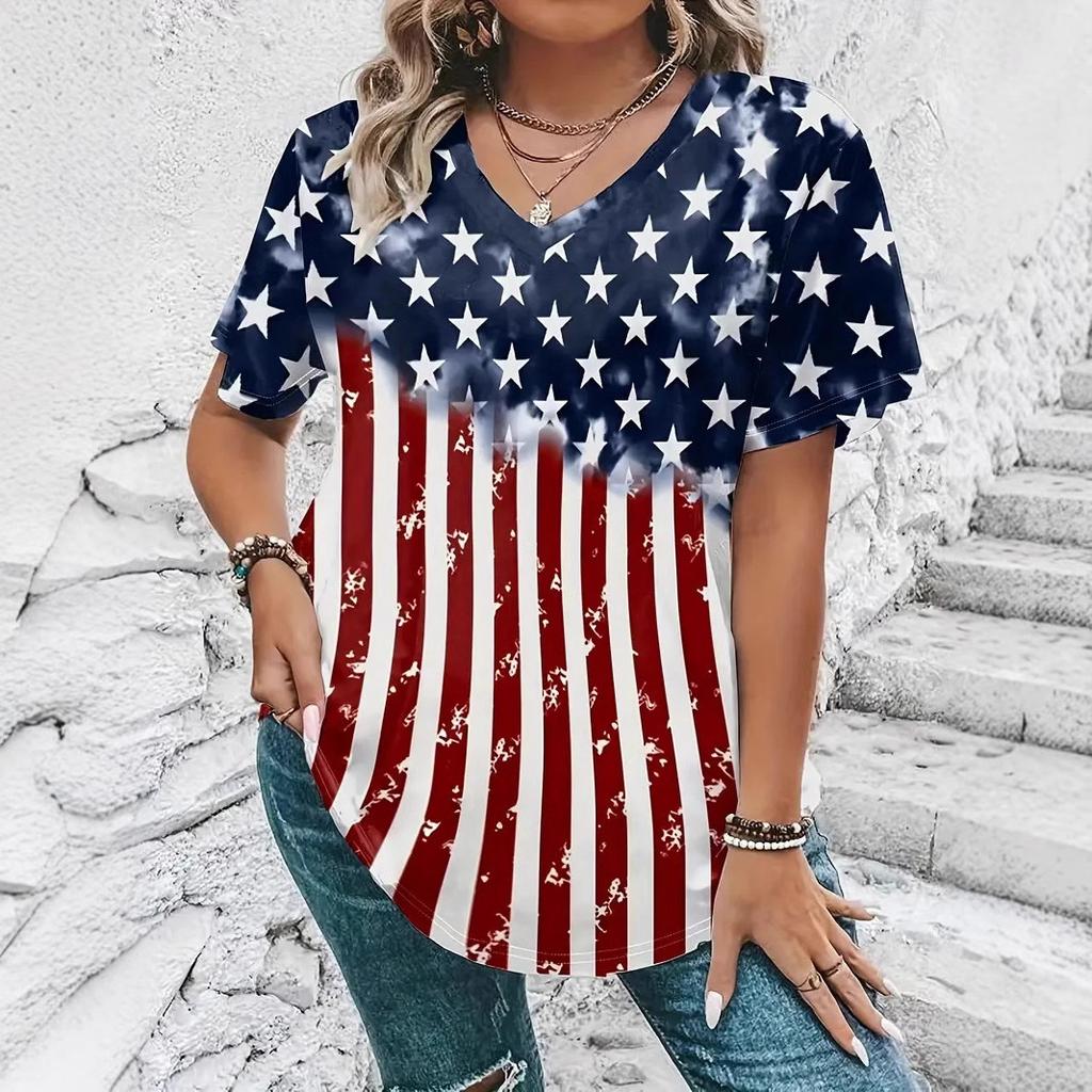 American Women's Clothing New Temperament V-neck Large Size Short-sleeved T-shirt Top Independent Day Personalized 3D Printing