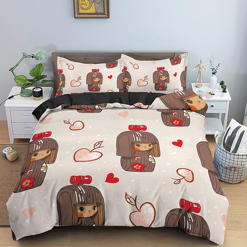 Japanese Doll Printed King Queen Duvet Cover Cartoon Lucky Cat Bedding Set For Kids Girls Fan White 2/3PCS Polyester Quilt Cover