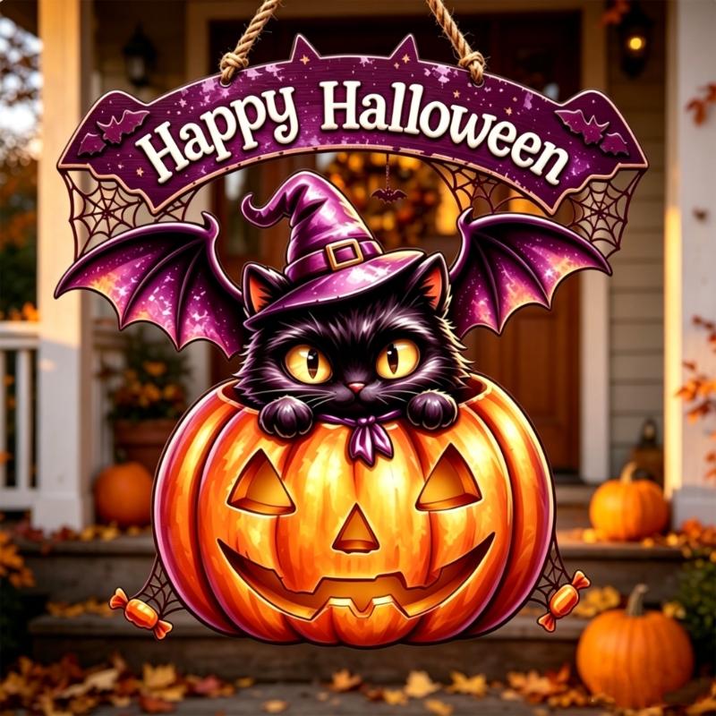Seasonal Halloween Door Sign Wood Wall Plaque with Rope Cord, Greeting Accent for Entryway Porch Window and Party Display Styling Use