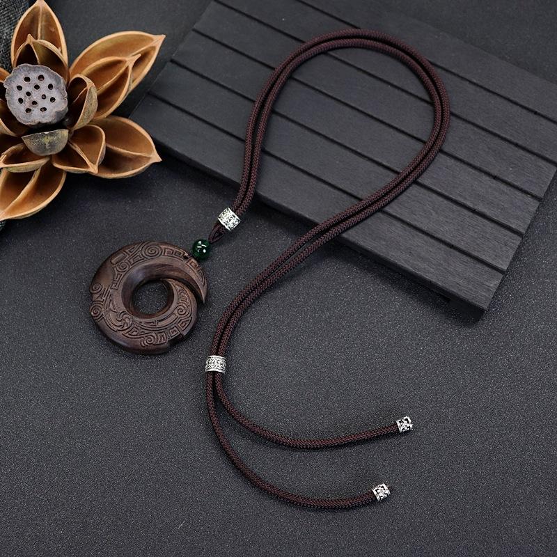 Natural Ebony Wood Hand Carved Long Necklace Vintage Pixiu Pendant Sweater