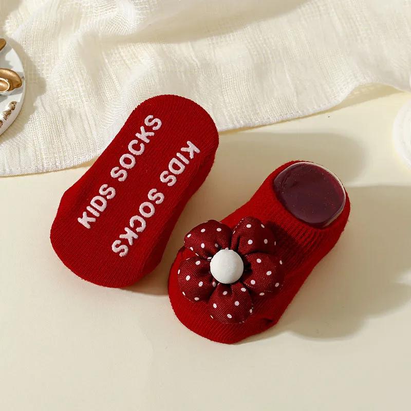 

Baby Socks Christmas New Year Newborn Infant Flower Bow Ankle Socks Anti Slip Rubber Soles Baby Girl Indoor Floor Socks fit 0-1 Year