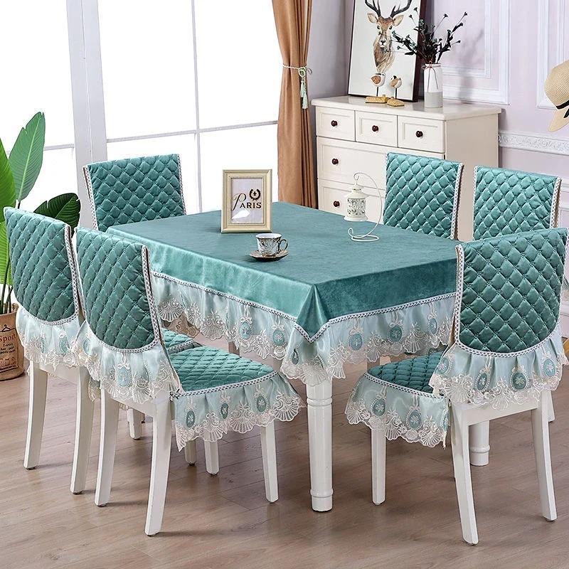 Velvet Lace Hem Table Cloth Dining Chair Cover Set Household Chair Pad Banquet Home Decor Dining Table Rectangular Tablecloth