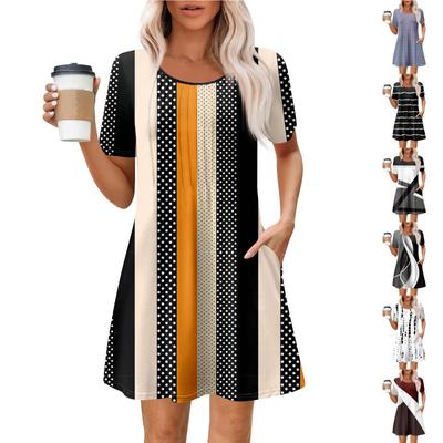 Dámske letné šaty voľné plážové dovolenkové ležérne s okrúhlym výstrihom s krátkym rukávom slnečné šaty s vreckom šaty s krátkym rukávom