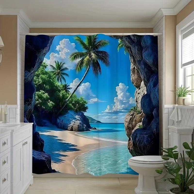 Open One Pc1 Tropical Beach Landscape Bathroom Curtain Digital Print Polyester Shower Curtain No Punching Super Wide Ring-Shaped