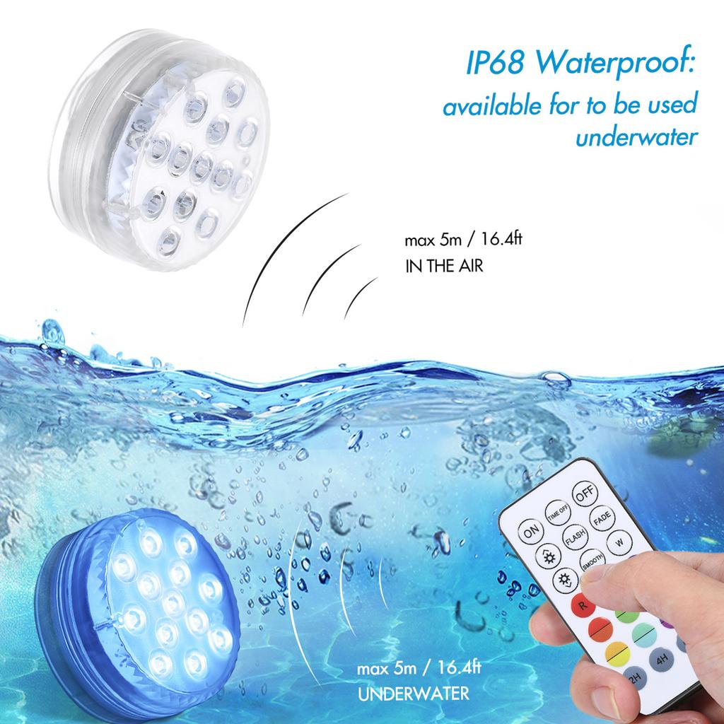 RGBW 13LEDs Submersible Light Battery Operated with 2 RF Remote Control Magnet Suction Cups IP68 Waterproof Underwater