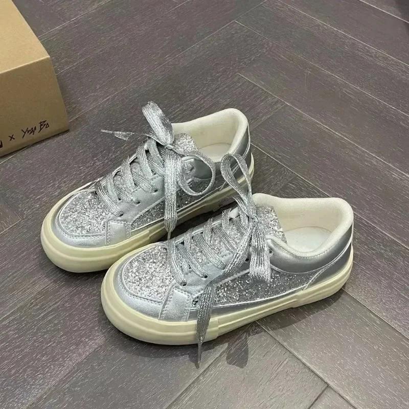 Adidași de vară pentru femei cu sclipici, cu talpă joasă, noi, cu șireturi, pantofi cu platformă pentru femei care măresc înălțimea, pantofi casual de exterior pentru femei