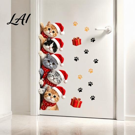 Cartoon Kitty Window Graphics Christmas Cat Door Sticker Cute Santa Hat Kittens Wall Decal Self Easy Peel And Stick Murals Adhesive Waterproof