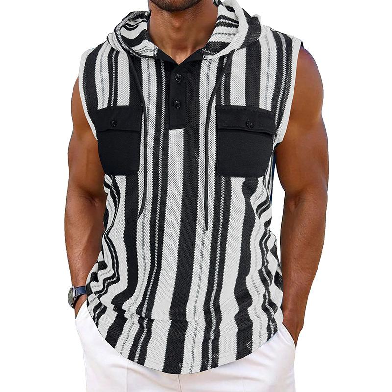 Men Striped Sleeveless Hooded Tank Top Casual Sports Vest With Pockets M