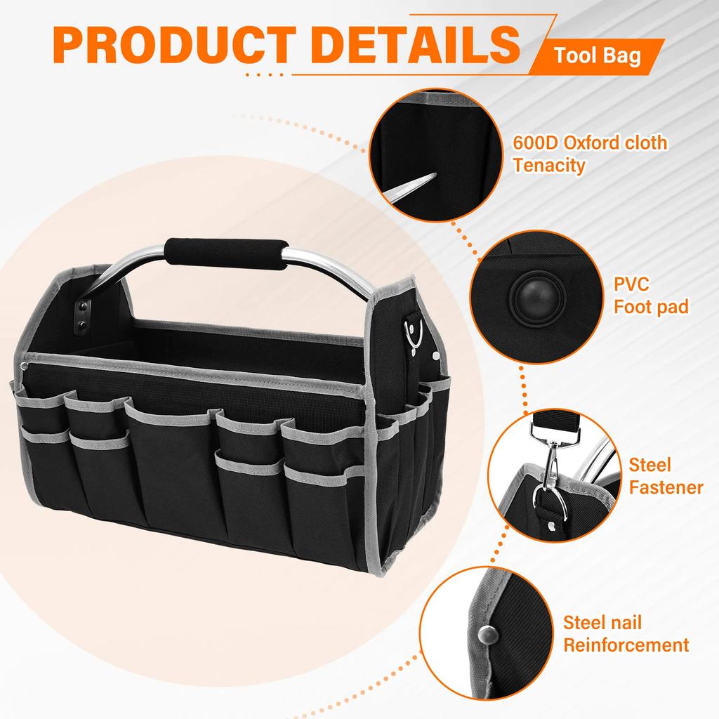 Electrician Open Tote Bag Oxford Waterproof Tool Tote Bag with Handle and Adjustable Shoulder Strap Portable Plumbers Tool Bag
