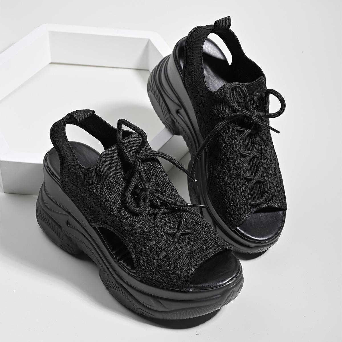

2025 Европейские и американские сандалии на платформе женские летние сетчатые босоножки с клиновидной подошвой и резинкой для ног повседневная женская обувь 36 чёрный