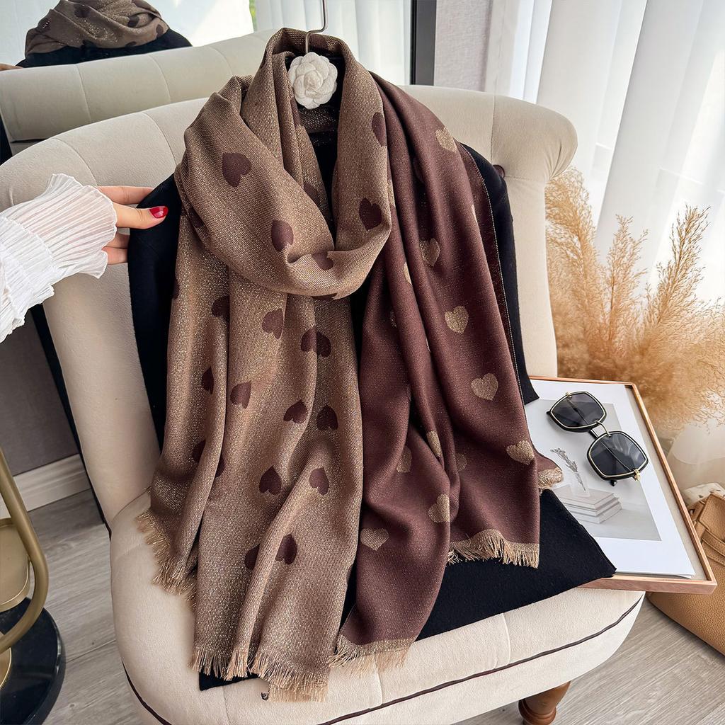 Cute Peach Heart Scarf Women'S Korean Version Versatile Outdoor Imitation Cashmere Warm Shawl Double-Sided Large Shawl Dual-Purpose
