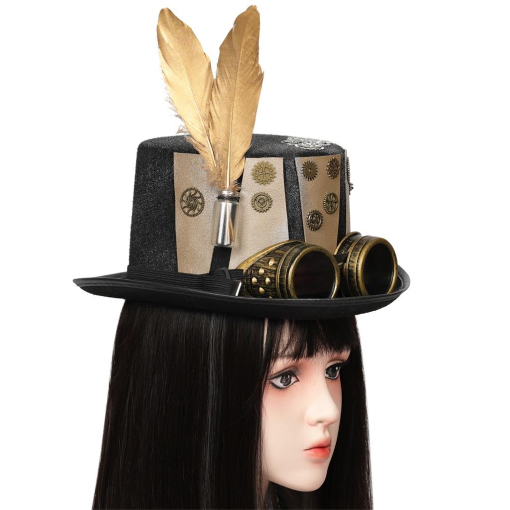 Unisex Steampunk Top Hat with Brim and Goggles Vintage Style Headwear for Costume Party Holiday Decorations Gift