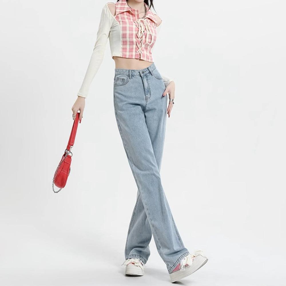 Personalizované džíny s vysokým pasem a širokými nohavicemi dámské nové volné a tenké všestranné korejské verze vertikálních rovných kalhot sahajících až na zem