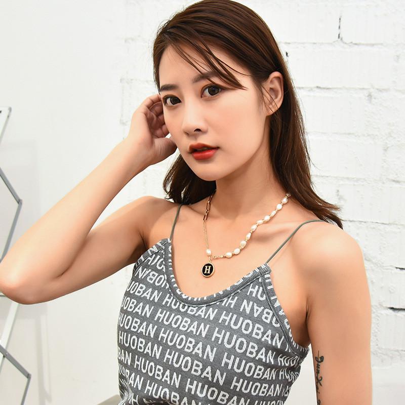 Elegant Korean Style Pearl Letter H Tassel Titanium Steel Necklace For Women And Men
