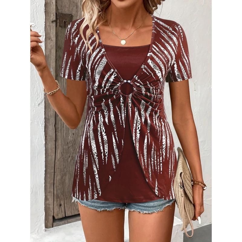 

Summer Printed T-shirt Women s Fashion Fake Two-piece Circular Casual Short-sleeved Shirt XXL бордовий