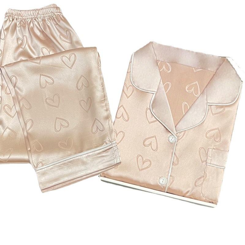 Love Ice Silk Casual Suit Simulation Silk New Spring And Summer Peach Heart Long-Sleeved Pajamas Women'S Thin Loungewear