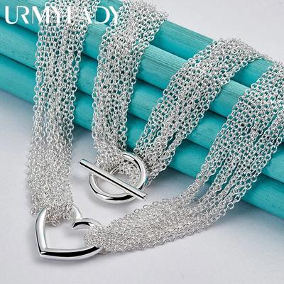 URMYLADY 925 Sterling Multi-Thin Chain Love Heart Pendant Necklace For Women Wedding Party Fashion Charm Jewelry