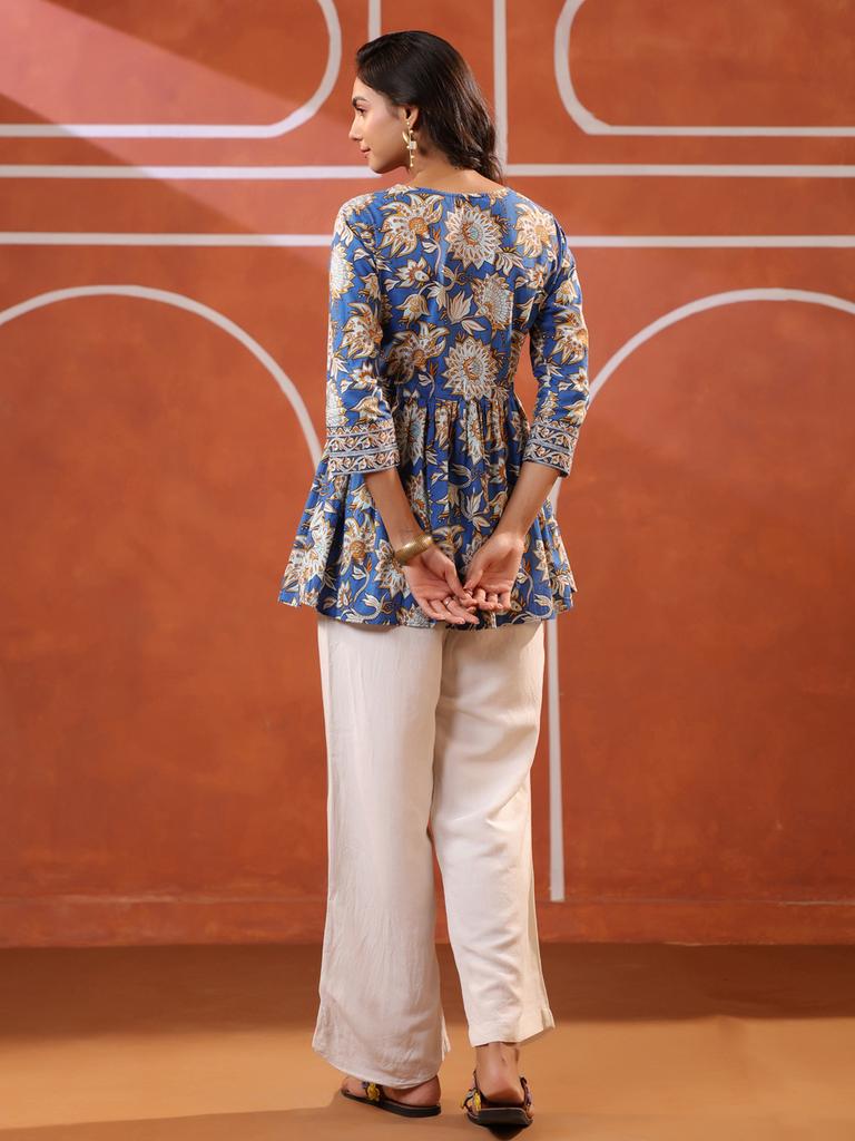 Blue Floral Printed V Neck Cotton Top