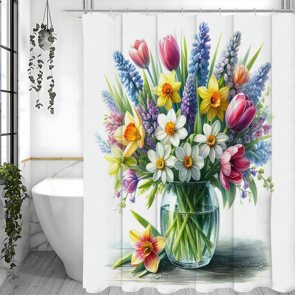 Vase Bouquet Floral Shower Curtain, Bathroom Decorative Shower Curtain, Waterproof Shower Curtain with Hooks