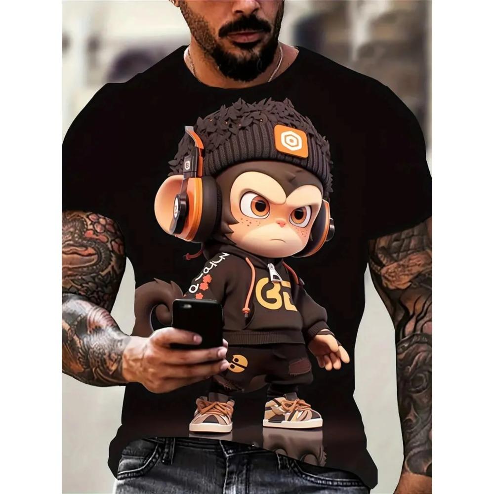 Summer Men Monkey Pattern T-Shirt Hip Pop Short Sleeve Fashion Comfortable Soft Large Size Round Neck T-Shirt