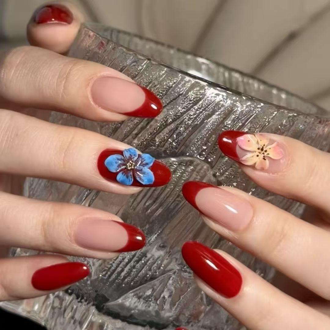 Wine Red 3D Floral Almond Blue False Nails Extra Small