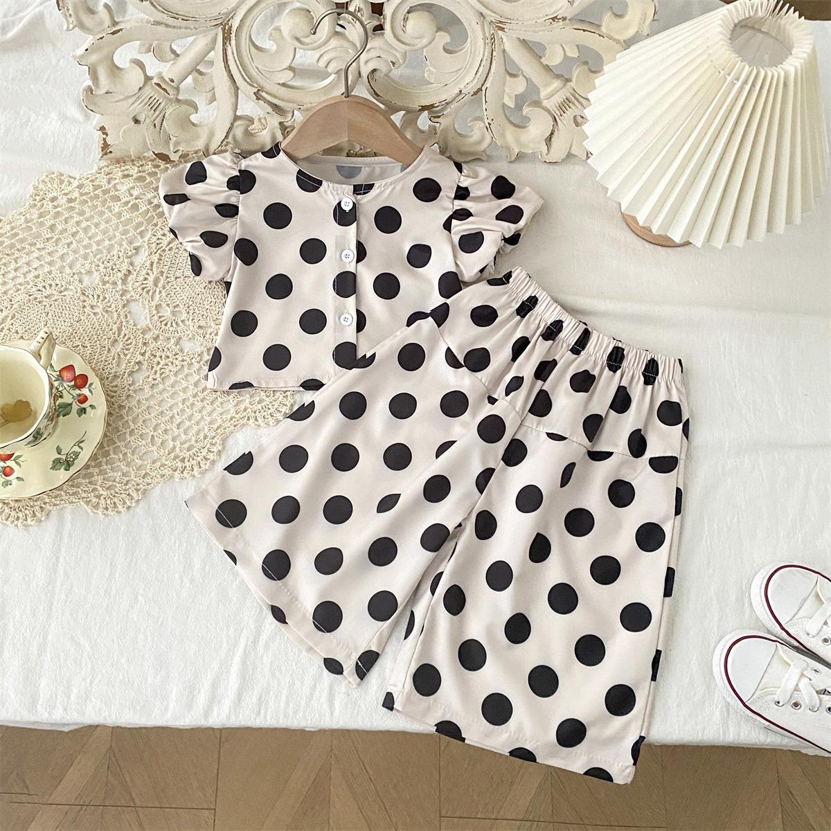 

Girls Polka Dot Outfit Summer New Korean Style Short Sleeve Top Wide Leg Pants Two-Piece Set 140cm абрикосовий