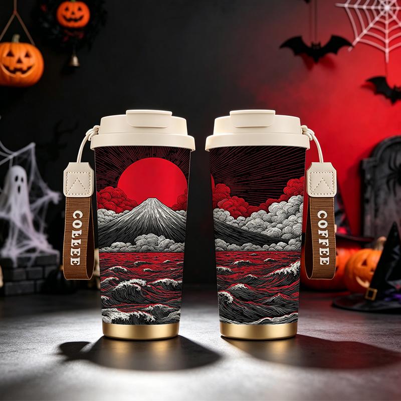 Tazza da caffè da 532 ml a tema Halloween thermos a scatto con cordino bicchiere da caffè con coperchio a scatto tazza da viaggio con cordino intrecciato tazza con coperchio a scatto a prova di perdite tazza portatile da auto