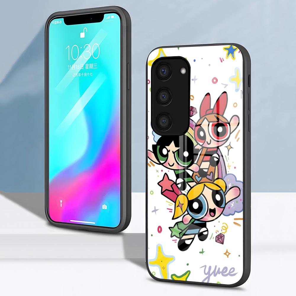 The P-Powerpuff Girls Cute Phone Case For Samsung S26 S25 S24 FE S23 S22 S21 Plus S20 Ultra Note20Ultra Black Glass Cover
