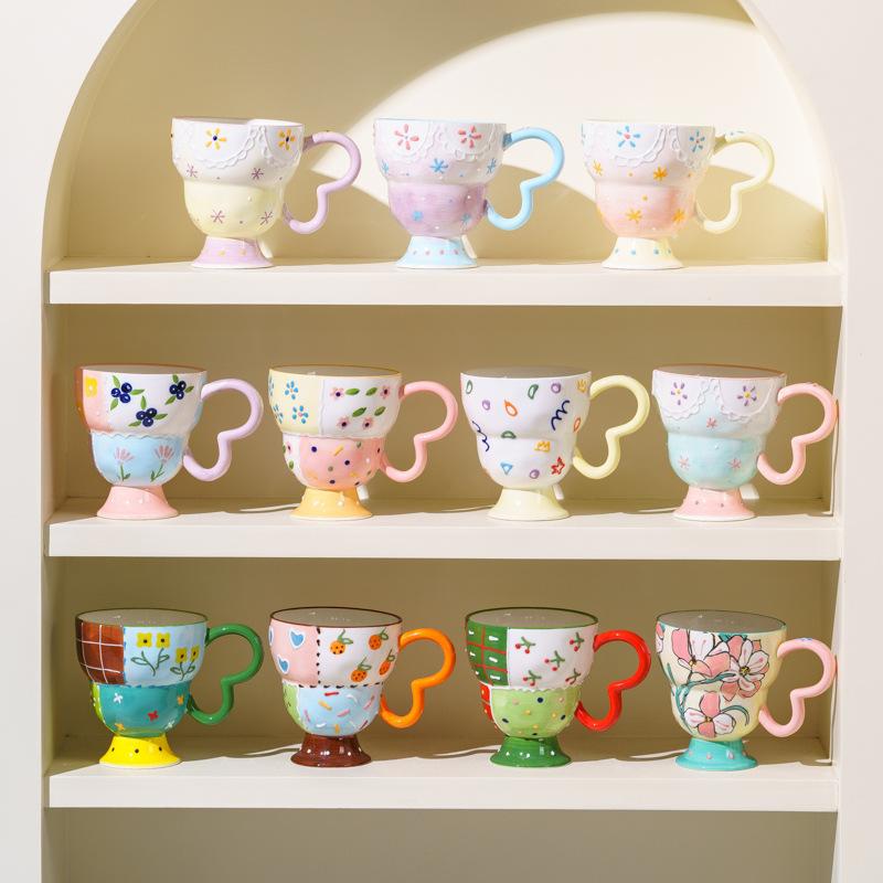Hand-Painted Relief Household Ceramic Cup Drinking Cup Design Sense Coffee Cute Milk Cup Ceramic Cup