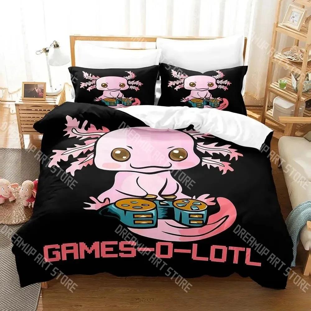 Set Biancheria da Letto Stampato su un Lato Axolotl, Piumone Gamer Kawaii Pastello Copripiumone Federe Copriletto Comodo Regina