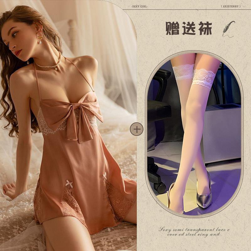 New sexy suspender lace temptation nightdress ice silk chest bow set