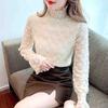Fashion New 2024 Autumn Winter Long Sleeve Half High Collar Velvet Lace Blouse Shirt Women Tops Blouses Shirts J753