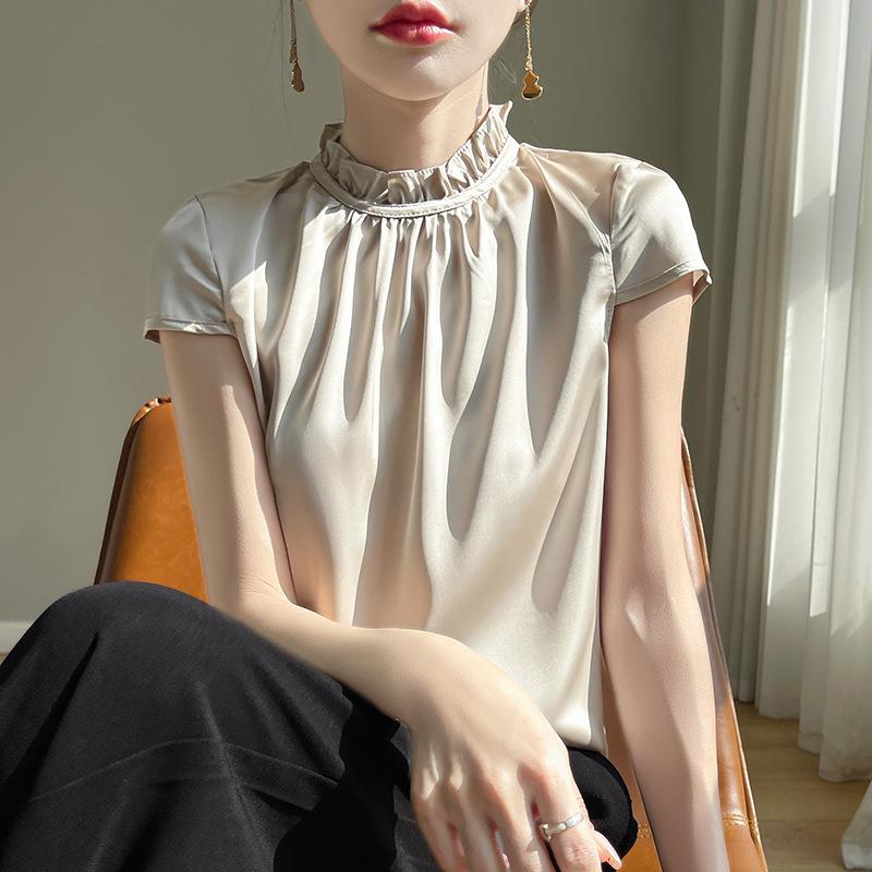 Summer Women's Silk Half High Neck Wooden Ear Side Design Solid Colour T-Shirt Top Camisole Short-sleeved Top