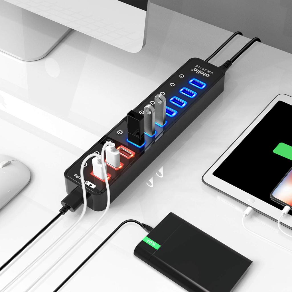 Hub with Power Atolla 7 Port 5Gbps High Speed USB Hub Expansion 4 Charging Ports USB Hub with Independent Switch 48W Power Supply USB3.0 Supply, 3.0 +