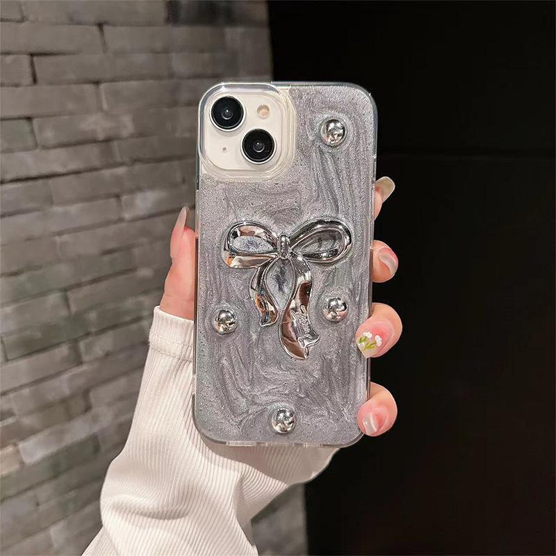 Silver Bead Bow Phone Case for IPhone17promax Epoxy Luxury Women’s Model 14 for Apple 15 Pearl 13
