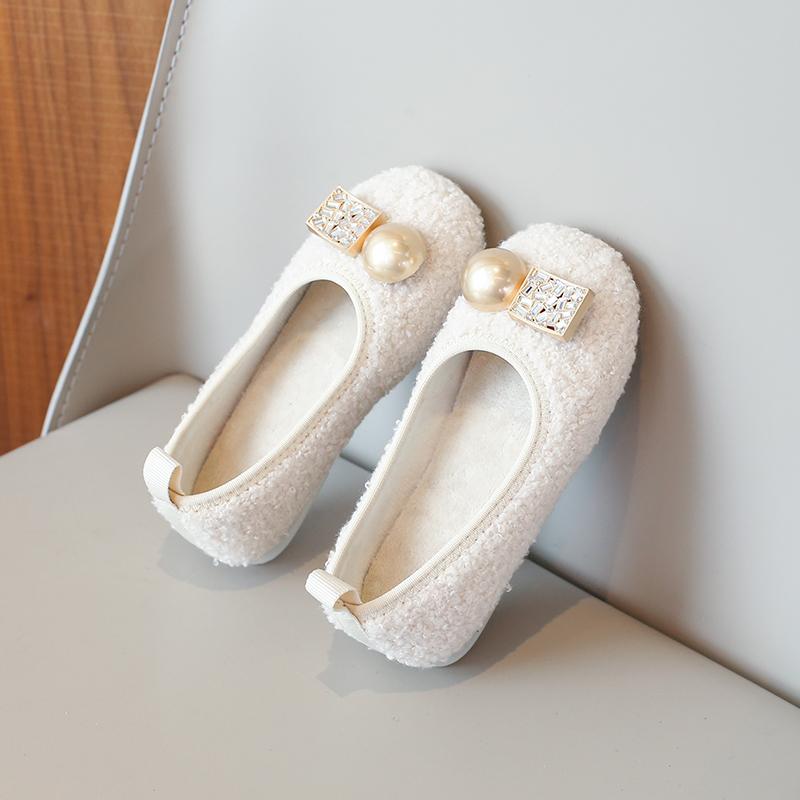 Autumn Winter Solid Girls Flats Shoes Rhinestones Short Plush Warm Kids Ballet Flats Princess Toddler Children Fashion Shoes