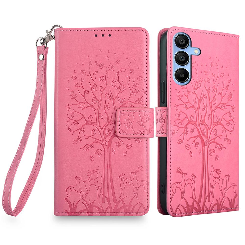 For Samsung Galaxy A15 4G/A15 5G Magnetic Case Imprinted Deer Tree Pattern Cover with Hand Strap