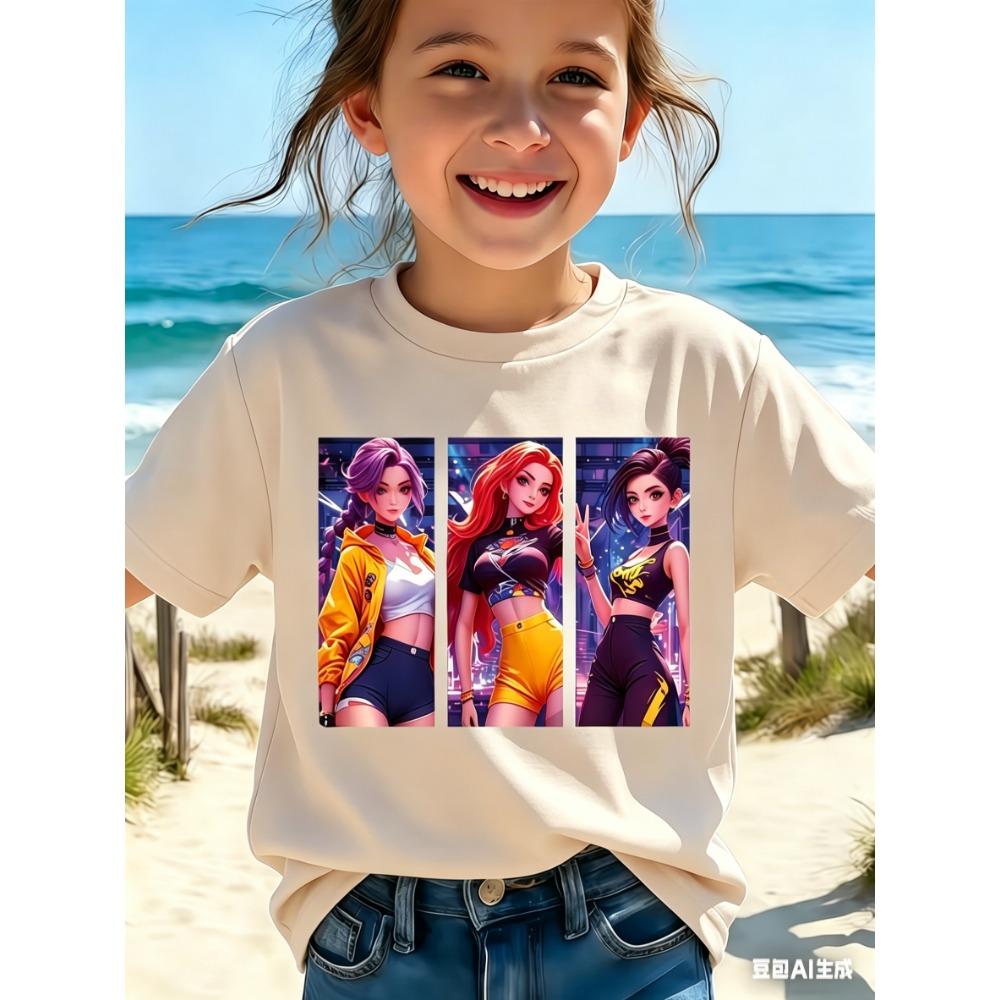 Summer Kids Girls Kpop Three Girls Cartoon Print Creative Fashion Versatile Crew Neck Adult T-Shirt Tops