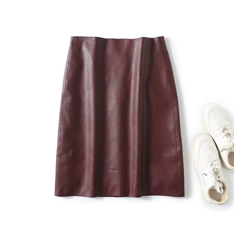 

MD Women s Clothing Fall and Winter New Arrival French Fashion Temperament Skirt Ankela Red Crack Texture Leather Skirt Skirt Burgundy L