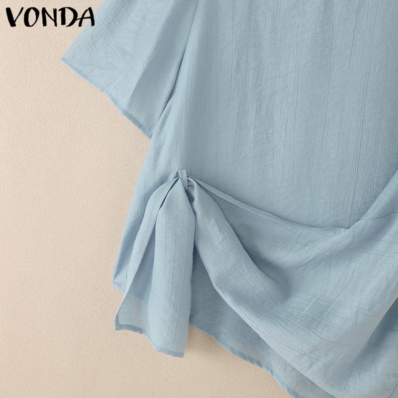 VONDA Women Casual Short Sleeve Solid Semi-Sheer Side Twisted Loose Blouse