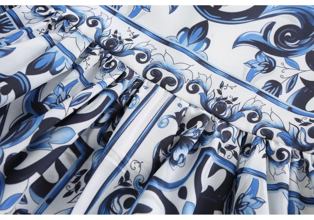 2025 European & American Style Blue & White Porcelain Spaghetti Strap Sleeveless Dress for Girls