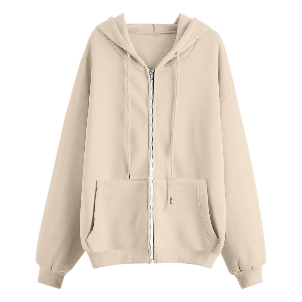 Damen gefütterter Reißverschluss Hoodie Farbe Lockerer Schnitt Lässiges Oberteil