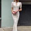 women's Ditsy Floral Print Cutout Stand Collar Puff Short Sleeve High Waist Bodycon Mermaid Maxi Dress Elegant Party Long Dress